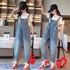 Girls Suspenders Jeans Spring Autumn Sweet Wide Leg Vintage Casual Denim Jumpsuit High Waist Loose All-Match Pants Clothes