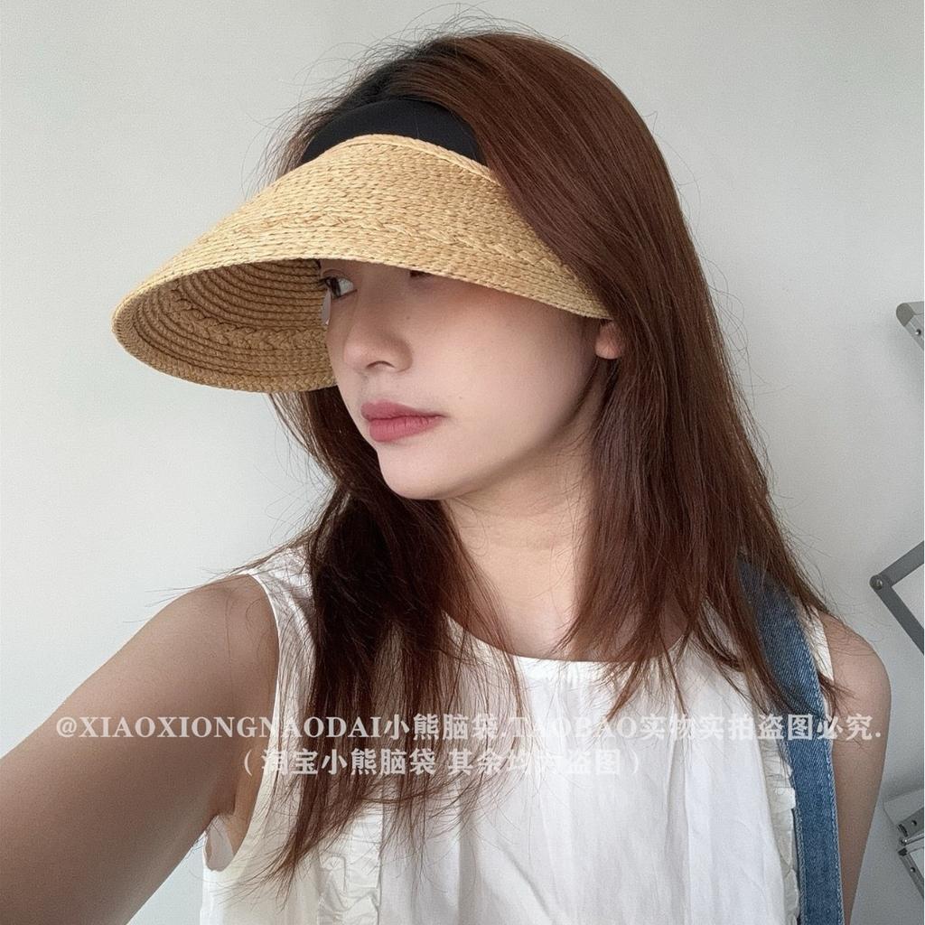 Imitation Lafite Empty Top Sunscreen Straw Hat Summer Women'S Big Eaves Casual Versatile Headband Sun Hat Ropless Holiday Hat