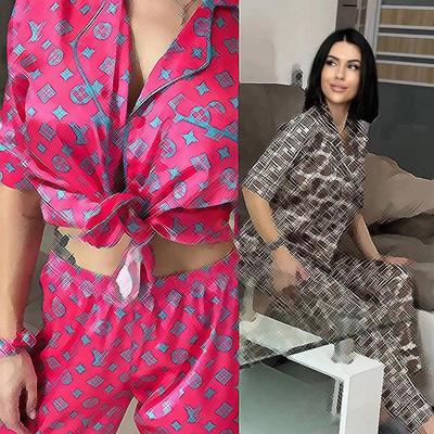 European & American Women's Ice Silk Pajama Set - Short Sleeve Top, Long Pants & Hair Tie