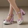 Spring sweet bow high heel color matching one-button Mary Jane shoes