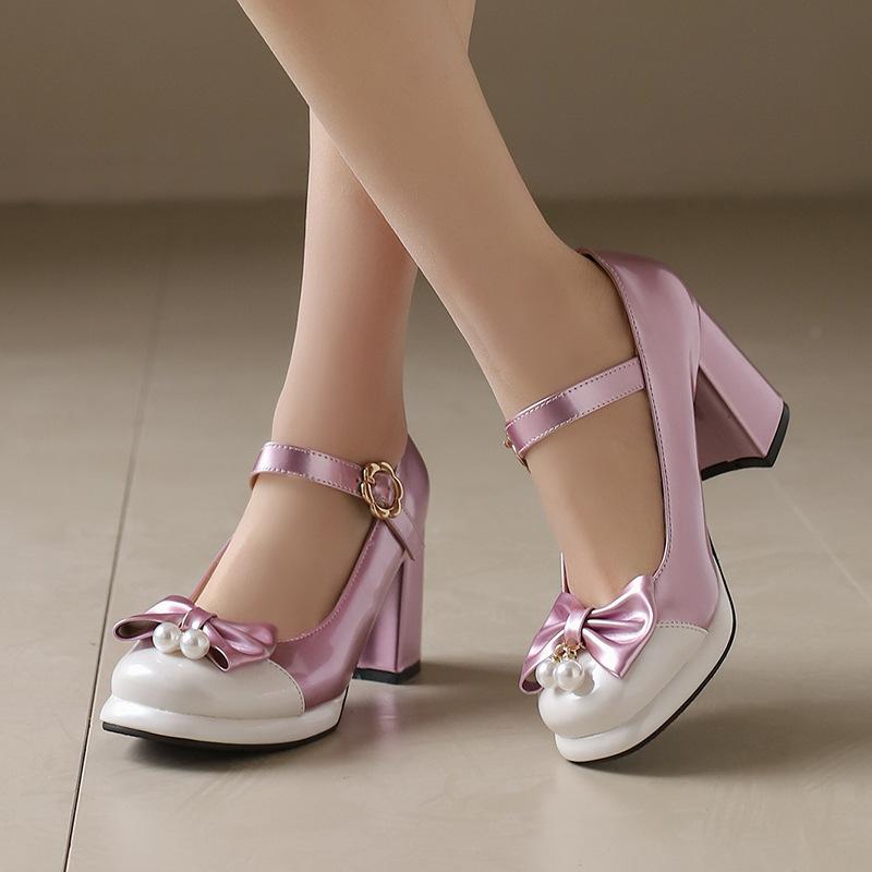 Spring sweet bow high heel color matching one-button Mary Jane shoes