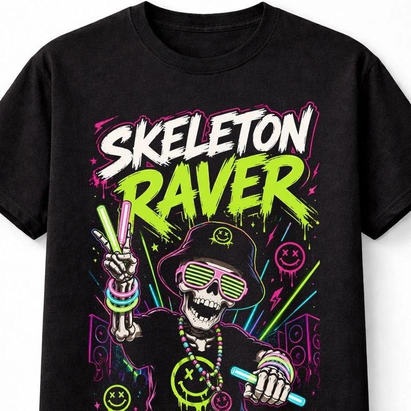Skeleton Raver EDM DJ Neon Festival Party Graphic Unisex TShirt S