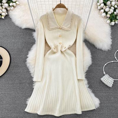 Women Small Fragrant Lapel Knitted Sweater Dress Female Autumn Winter Jumper Bottom Dresses