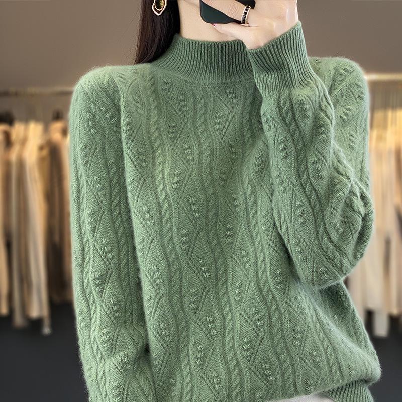 

Женский утолщенный шерстяной свитер с высоким воротником и кабельной вязкой - Свободный крой для осени и зимы S (85-100 lbs)