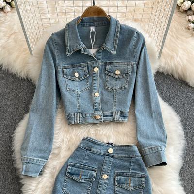 Mode Anzug Damen Jeansjacke Kurz Koreanische Slim Jacke Oberteil Zweiteiliges Set Hohe Taille Hüftumspielender Rock Frühling
