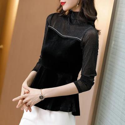 Bottoming Shirt for Women Autumn Winter Long Sleeved Golden Velvet Top Black High Collar Bright Silk T-shirt M-4XL