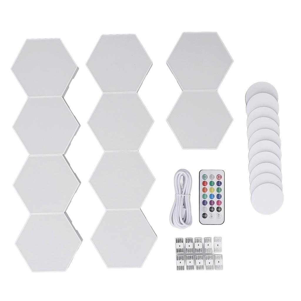 10 Sets Hexagonal Lights Colorful RGB LED Geometry Splicing Wall Lamp Remote and Touch Control USB Cable Powered
