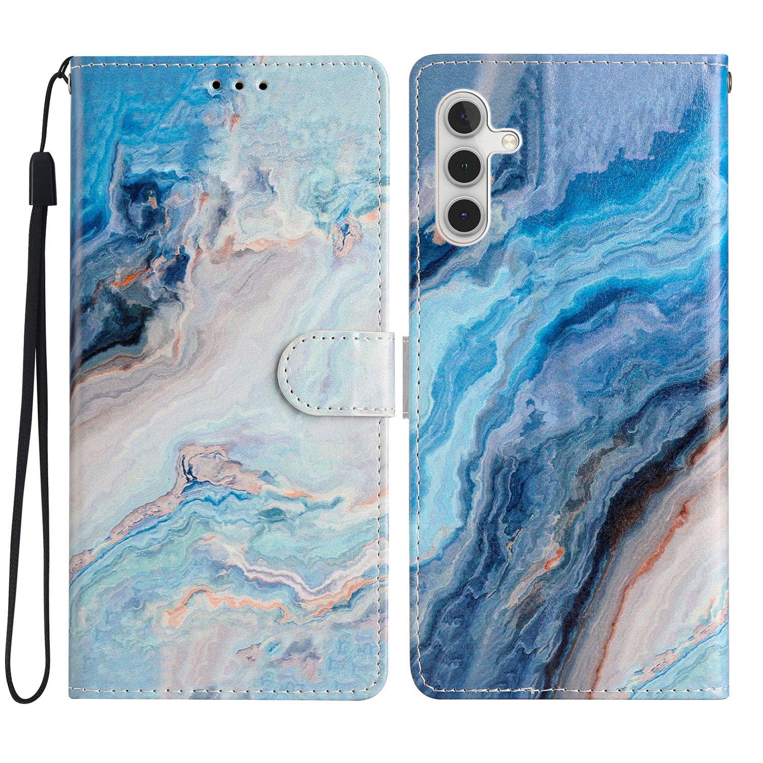 

For Samsung Galaxy S23 FE PU Leather Phone Case Wallet Stand Pattern Printing Cover with Strap Blue Marble