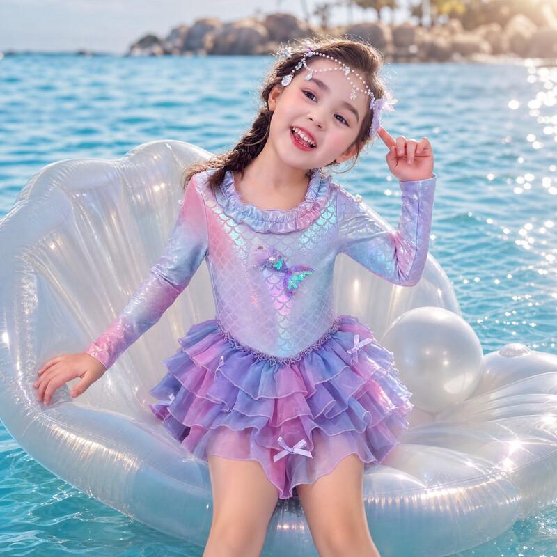 MIMIHELLO Girls Iridescent Wing Long-Sleeve Mermaid Swimsuit 110