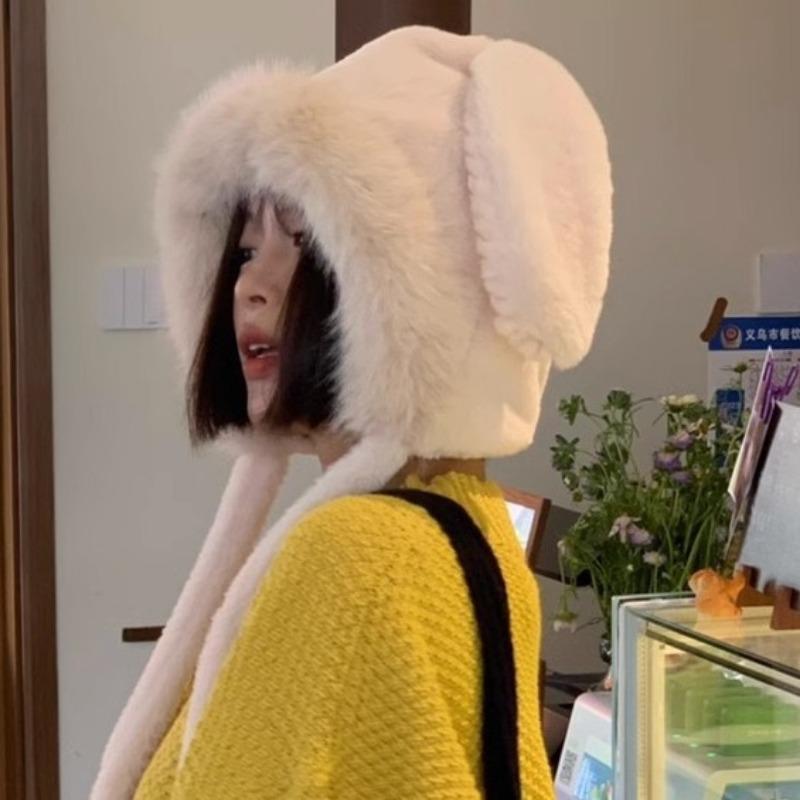 Autumn and winter furry cute rabbit ears children warm ear protection hat headgear cold hat thickened pullover hat
