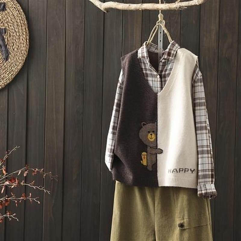 

Весенне-осенний новый простой вязаный жилет в тон, женский свободный вязаный свитер с диким v-образным вырезом и мультяшным узором One Size красно-коричневый