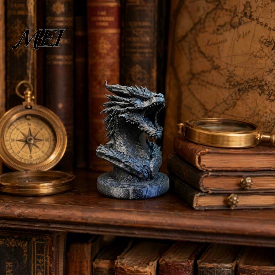 Matte Silver Dragon Figure Head Figurine, 3D Printed Fantasy Statue, Mythical Patina Finish Ornament Animal Sculpture for Home Office Desk Decor, Gift