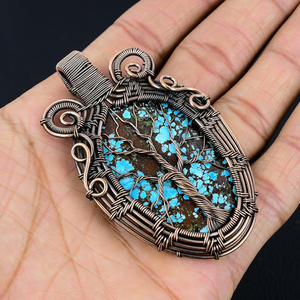 Tree Of Life Tibetan Turquoise Pendant, 999 Copper Wire Wrapped Gemstone Jewelry, Handmade Pendant, For Thanksgiving