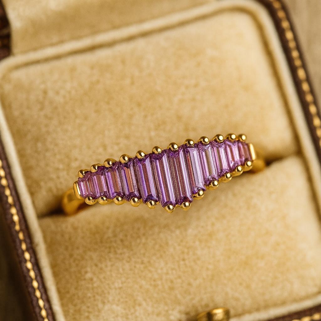 Baguette Amethyst Promise Ring, February Birthstone Ring, Yellow Gold Plated Silver , Perfect Gift For Her