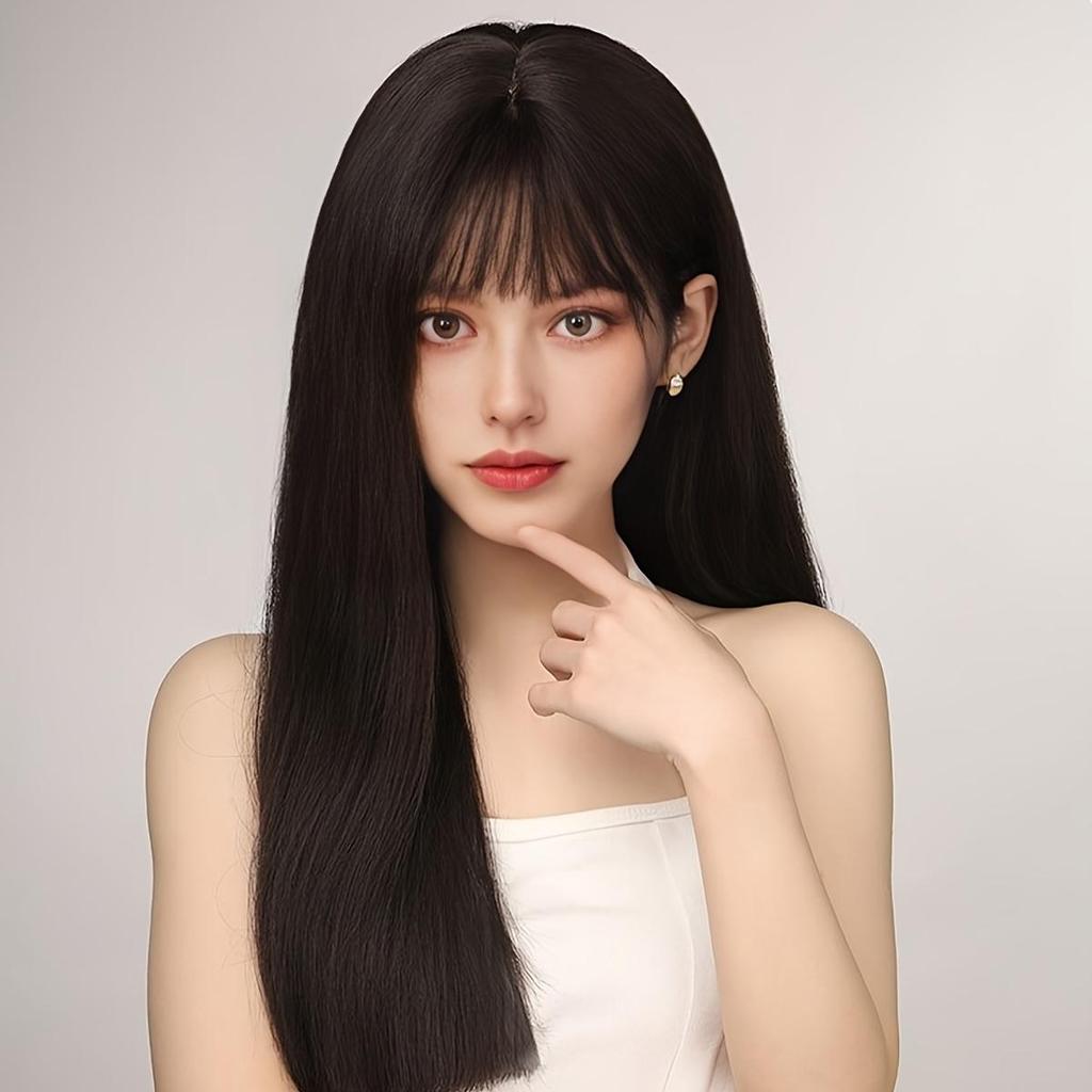 Elegant 26-Inch Long Straight Black Wig with Bangs for Women - Heat Resistant Synthetic Hair, High Density Matte Finish