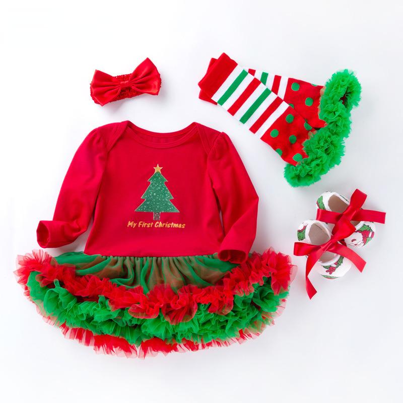 

Рождественская одежда для девочек, праздничное платье с длинными рукавами, комплект принцессы из 4 предметов, рождественские подарки