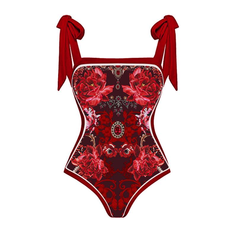 Bow Lace-Up Printed One-Piece Swimsuit Women s Swimsuit S