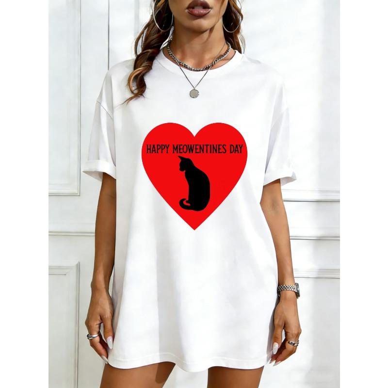

Oversized T Shirt Black Happy Meowentines Day Cat Heart Print For Valentine s Day And Cat Lovers XXXXL білий