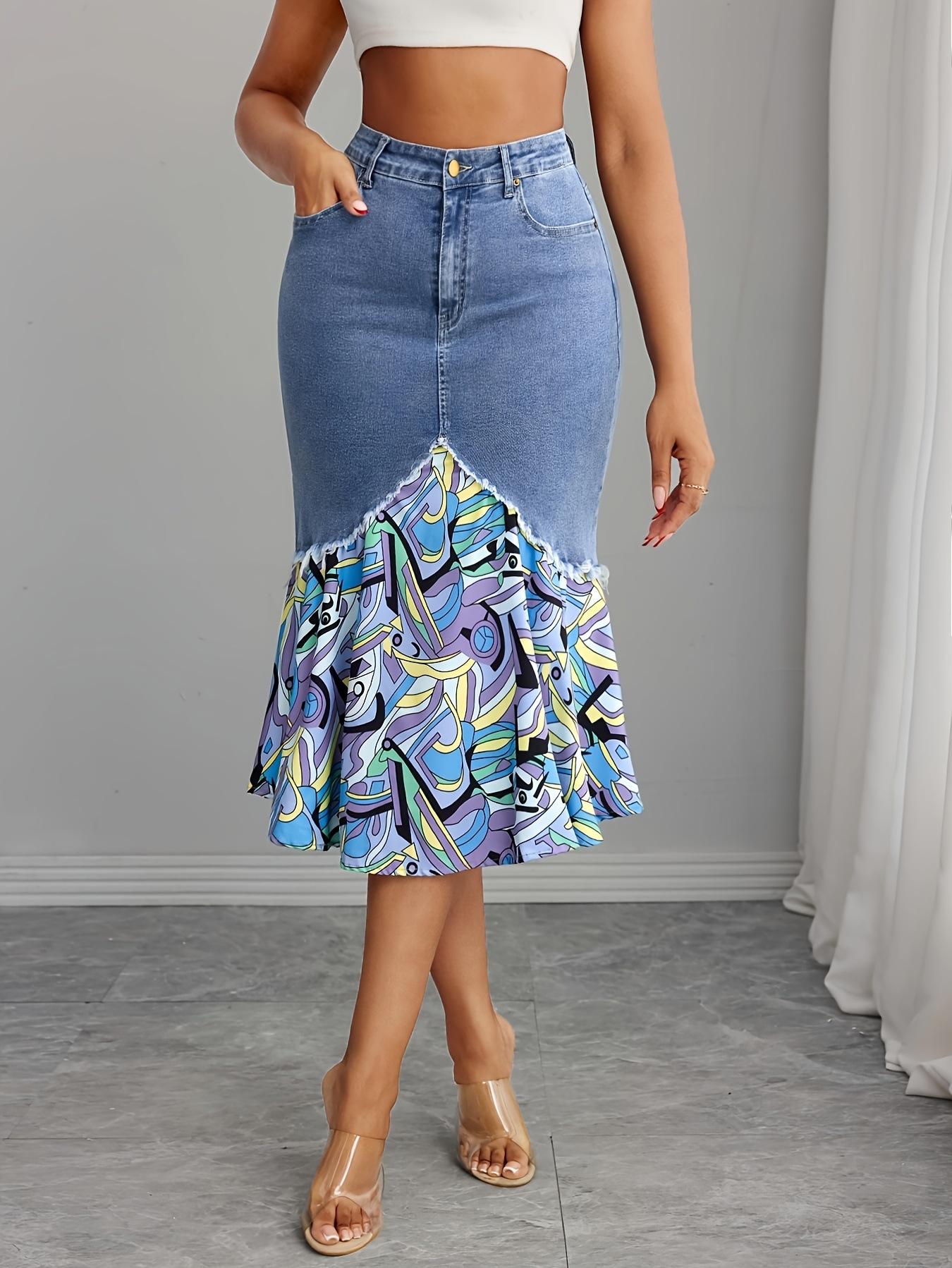 Women s Denim Mermaid Skirt with Colorful Print Hem Frayed Asymmetrical Bottom S