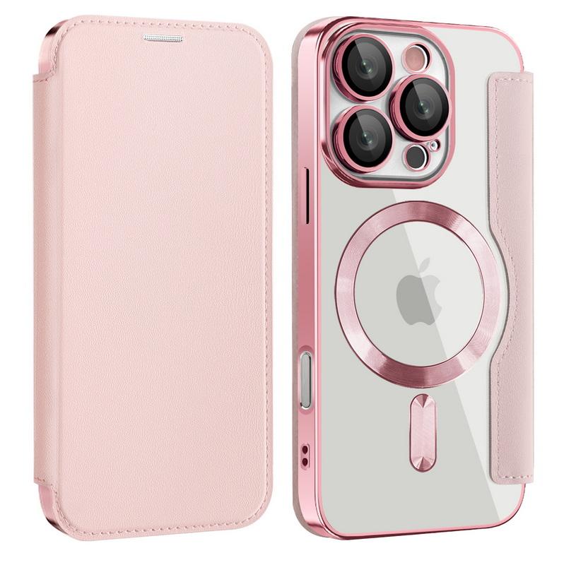 

Чохол-книжка з відділенням для карт для повного захисту для iPhone 16 Pro Max 15 Pro 14 13 12 11 Розкішний шкіряний протиударний прозорий для Magsafe Магнітна задня кришка iPhone 16 Plus рожевий