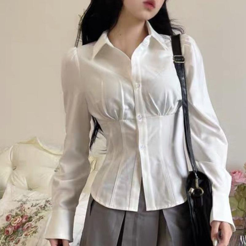 

Harajuku Chic Sexy White Women Shirts Korean Fashion Folds Slim Fit Long Sleeve Tops New Design Casual Elegant Female All Match Clothes XS белый