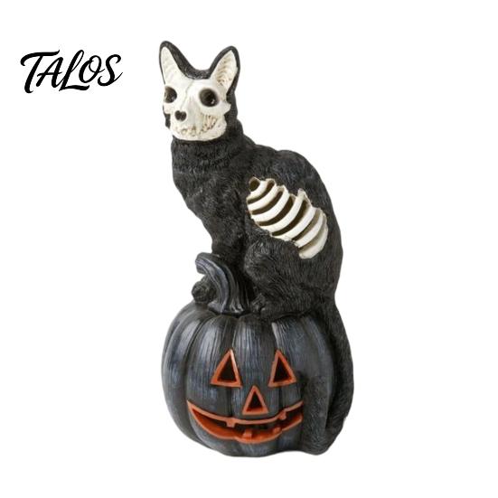 Halloween Showcase Decoration Skull Black Cat Pumpkin Figurine, Gothic Statue with Hollow Ribs, Non-peeling Paint Ornament Spooky for Desktop Outdoor