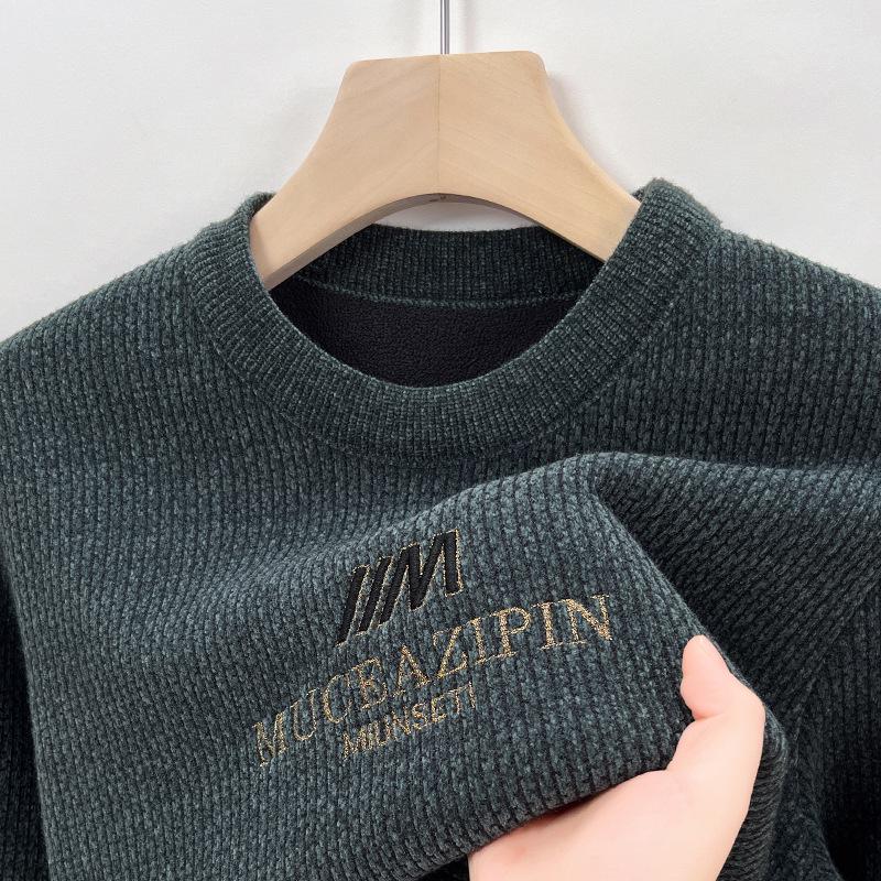 Men s Winter Round Neck Thickened Knitted Sweater with Velvet Lining - Long Sleeve XXL