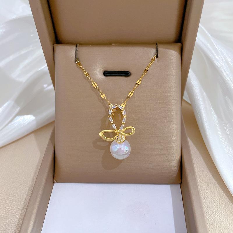 Mermaid Ji Bow Light Luxury Temperament Gorgeous Full Diamond Necklace Female Versatile Collarbone Chain Titanium Steel Chain