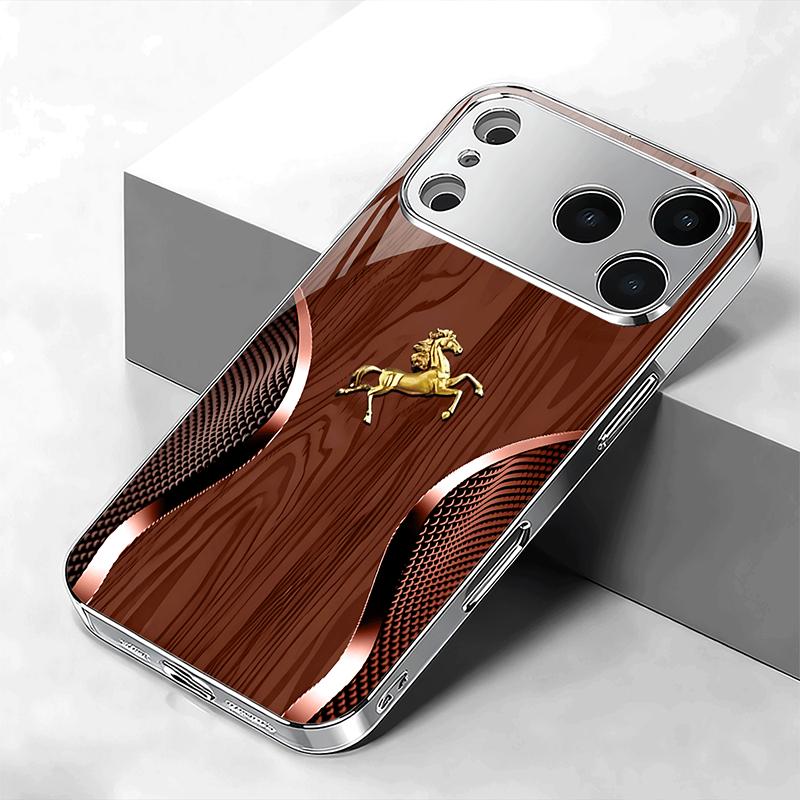 Golden Horse Wood Texture Tempered Glass Phone Case For iPhone 17 16 15 14 13 12 11 Pro Max Plus Air Electroplate Silver Cover