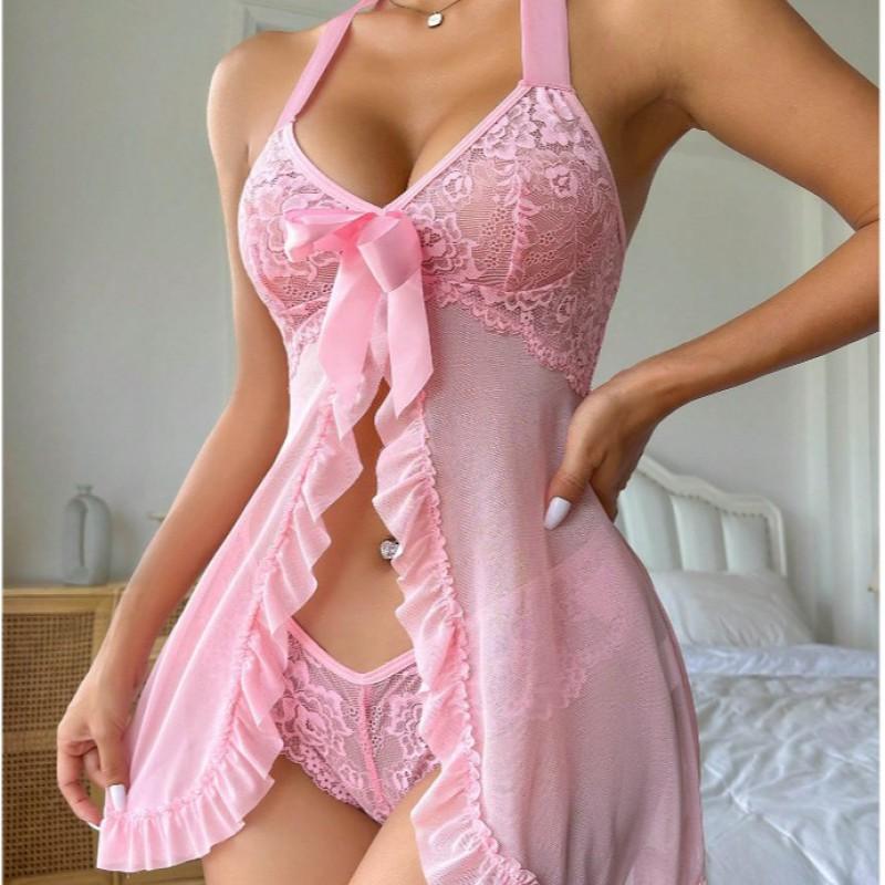 Lace V-Neck Babydoll Chemise Set Women Sexy Lingerie In Black White Red Pink Navy Lavender S M L XL XXL