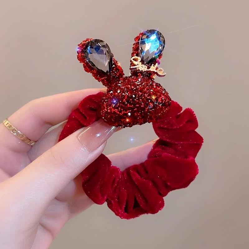 High-End Red Velvet Bunny Ear Hair Tie with Rhinestones - Women’s Stylish Hair Accessory