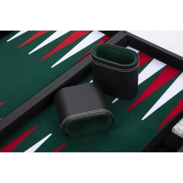 Backgammon de Luxe 18" 45,5 cm- Haute qualité -Simili Cuir, Feutre spécial incrusté, jetons et dés nacrés (Blanc/Rouge/vert))