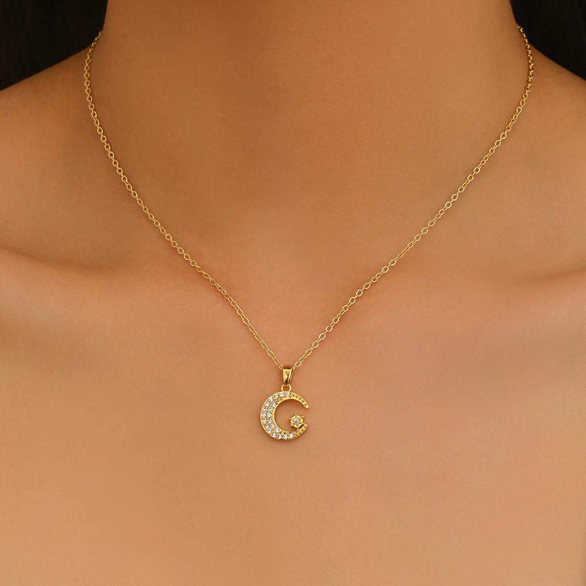 

Dainty Gold Silver CZ Moon Star Pendant Necklace Sparkling Cubic Zirconia Crescent Moon Choker Minimalist Celestial Jewelry