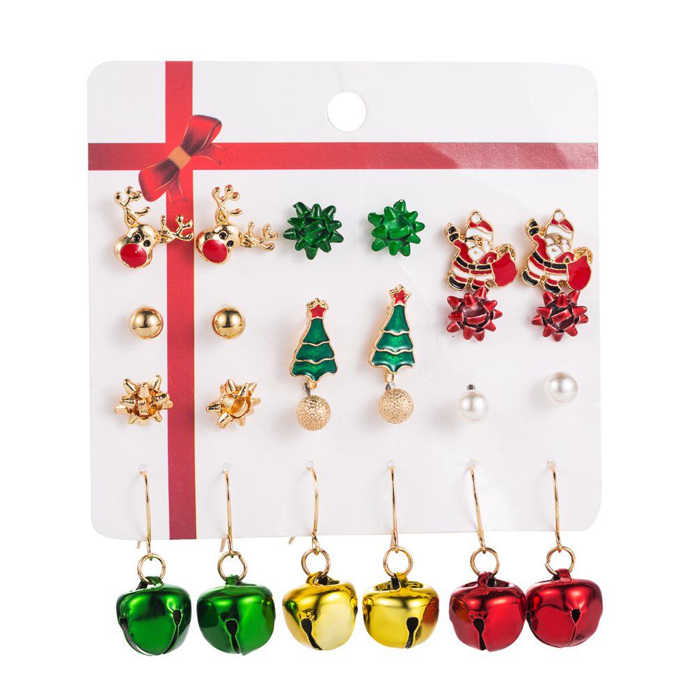 

12-Piece Christmas Enamel Earrings Set - Santa, Bell & Tree Designs for Women