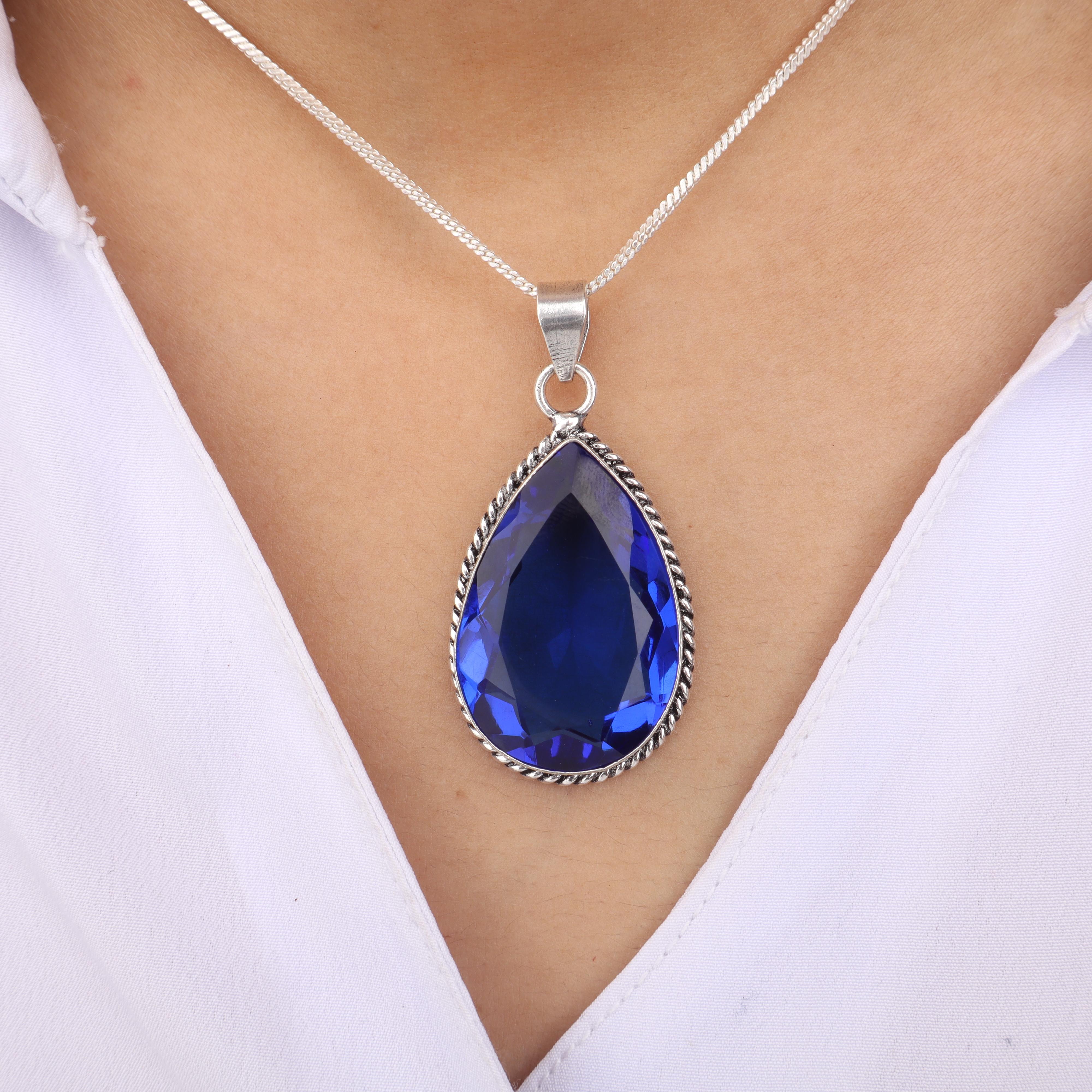 

Blue Sapphire Gemstone Silver Pendant 1.8 , 925 Sterling Silver Jewelry, Partywear Pendant, Valentine s Day Gift For Wife PP-65-6