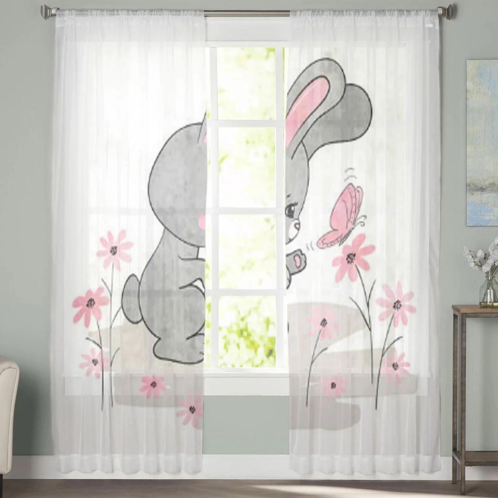 Cute Bunny and Butterfly Sheer Window Curtains for Living Room Girl Bedroom Tulle Curtains Kitchen Veil Chiffon Drapes
