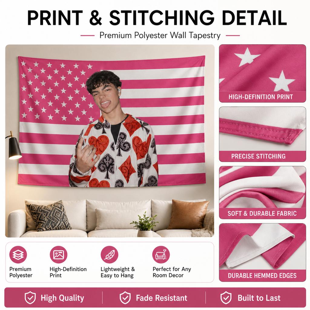 PopStarMalachi B-Baron Tapestry flat print Pink Stars StripesFlagWallHanging for Teen Bedroom Dorm Aesthetic Room Decor Fan Gift