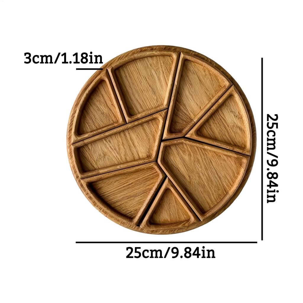 Round Food Serving Plate Large Serving Tray with 8 Removable Compartments Wooden Platter Charcuterie Board Snack Deseert Tray