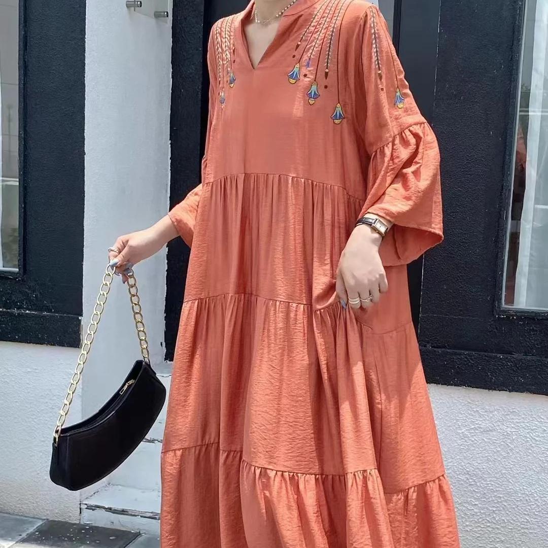 

Clothland Женское Элегантное Вышитое Платье V-образный Вырез Расклешенные Рукава Свободный Стиль Цельный Ретро Миди Платья One Size оранжевый