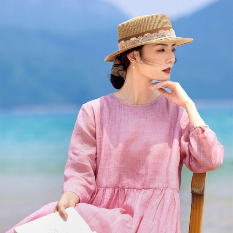 Johnature Woman Autumn O-Neck Vintage Retro Dress Niche Long Sleeves Solid Color Splicing Dress