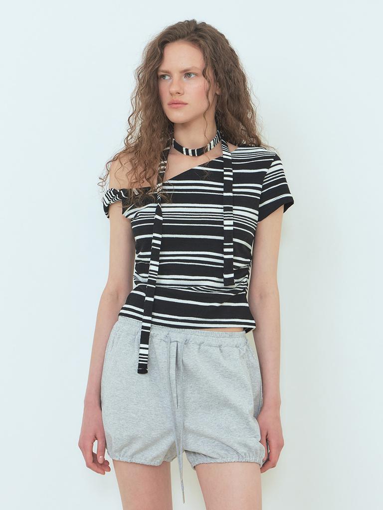 ETMON Stripe One-Shoulder T-Shirt Black