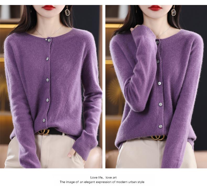 Women's Round Neck Pure Wool Cardigan - Versatile Loose Fit Solid Color Sweater for Spring and Autumn