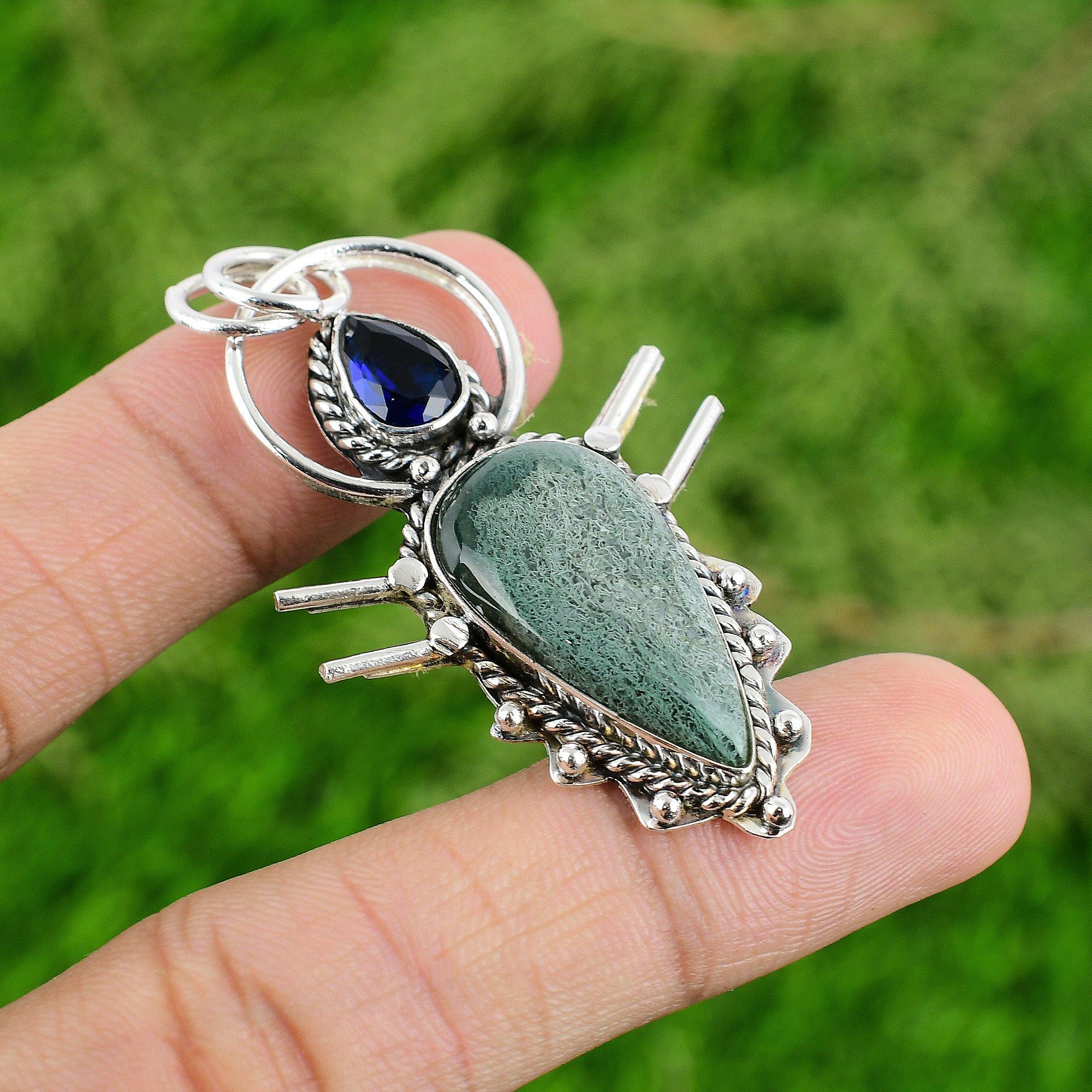 

Pear Natural Solar Moss Agate Tanzanite Quartz Sterling Silver Birthday Pendant
