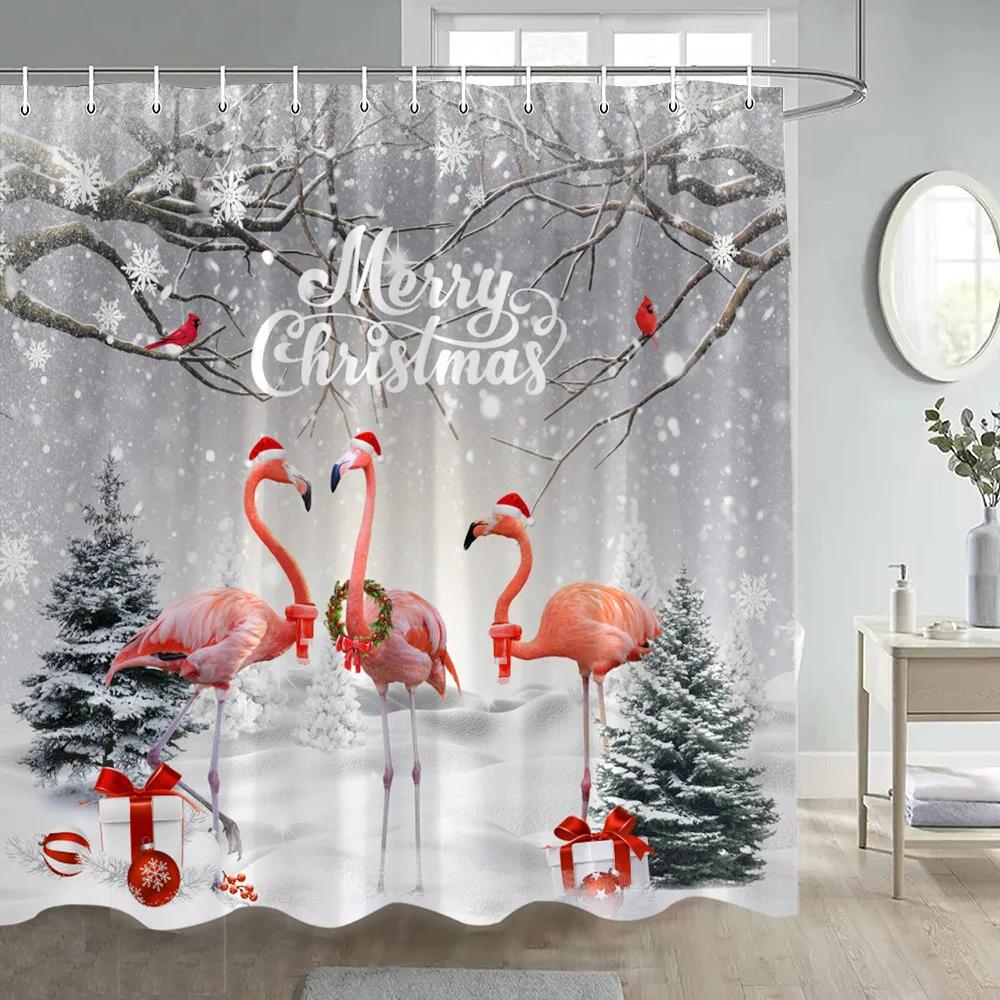 Zima Vánoce Sprchový závěs Legrační sněhulák Xmas Trees Krbové auto Lesní Snowy Scéna Nový rok Holiday Home Dekorace koupelny