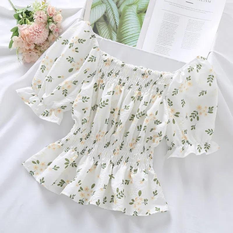 WTEMPO Little Fresh Flower Printed Off Shoulder Shirts Women's Summer Slim Sweet Stringy Selvedge Cropped Tops