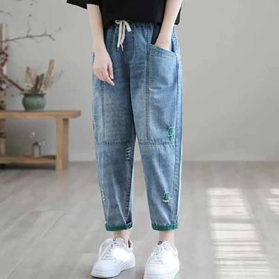 Zerrissene Loch-Haremsjeans Streetwear Damen Koreanische Baggy Knöchellange Jeanshose Design Lässige Vaqueros Schnür-Kot Pantalon