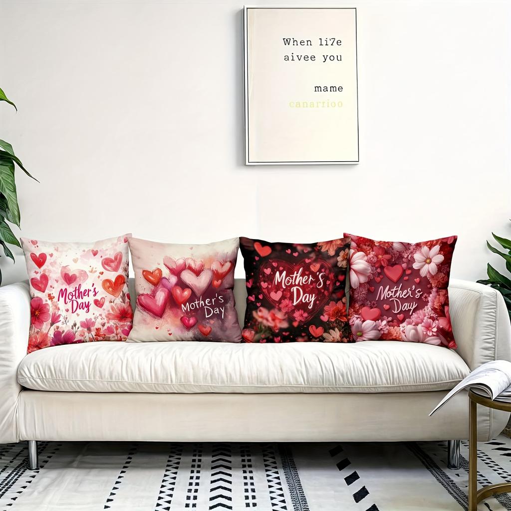 4pcs Happy Mother's Day Decorative Pillowcase Set, 18x18 Inch Floral Cushion Covers for Sweet Home Decor, Gift for Mom, for Porch Patio Sofa