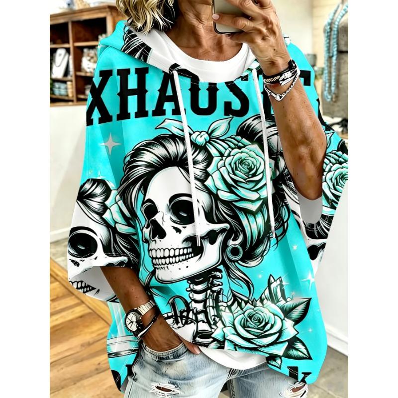 Damen Kapuzentop in Übergröße, Taro-Lila, Amerikanischer Rebell Schädel und Rosen Print, Lockere überschnittene Ärmel, Kapuzenpullover