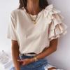 T-shirt con scollo a O e maniche con volant in nylon Top da donna tinta unita Abbigliamento da donna