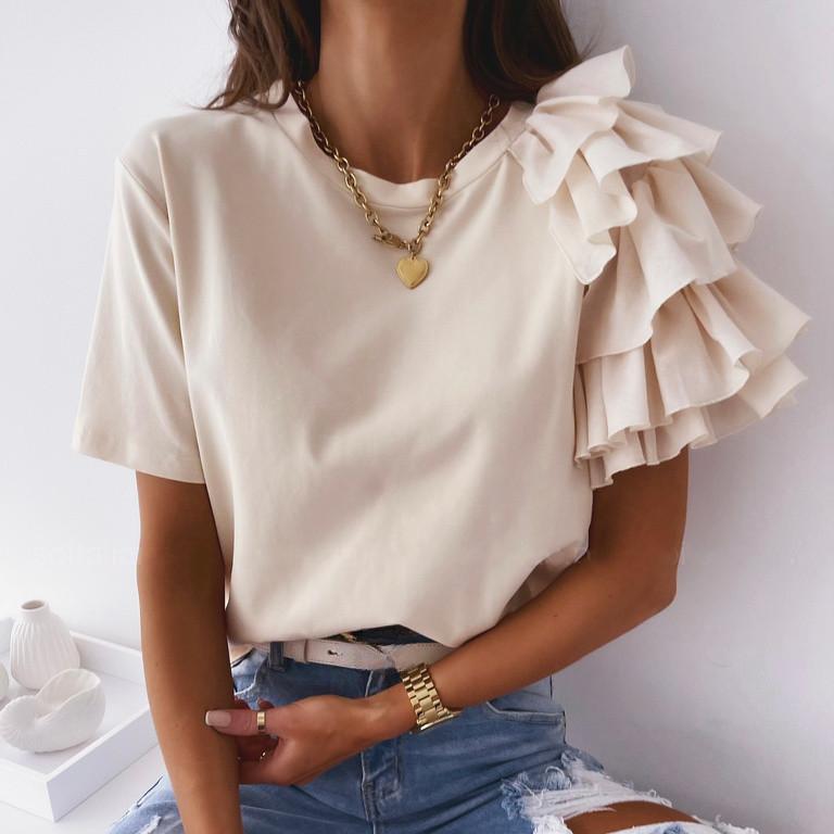T-shirt con scollo a O e maniche con volant in nylon Top da donna tinta unita Abbigliamento da donna
